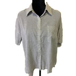 Hem & Thread Blouse Women Small Button Up Short Sleeve Blue/White Pinstripe Top
